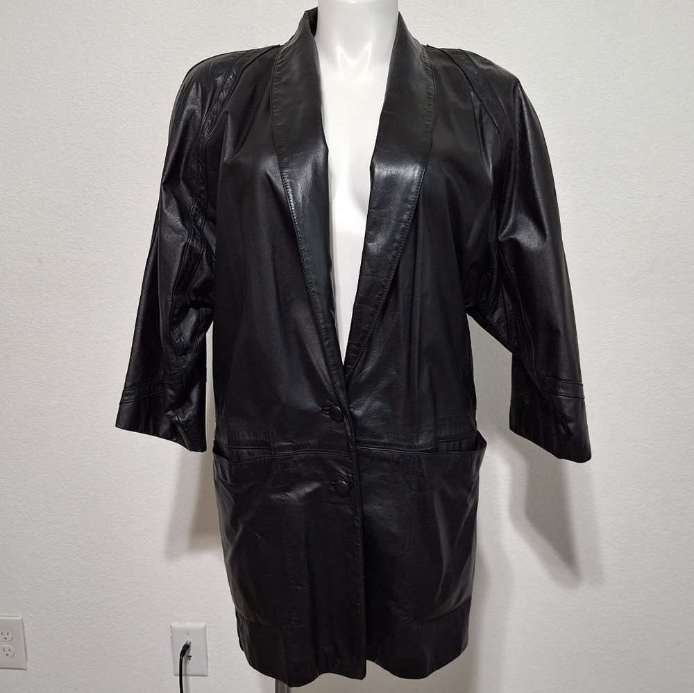 Lisa Loren Black Matrix Front Pockets 3/4 Sleeve Genuine Leather Coat Size M